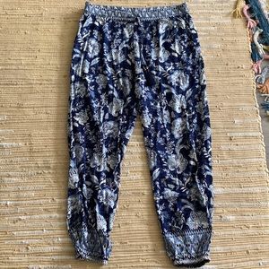 Angie blue floral soft casual pants with tassel drawstring